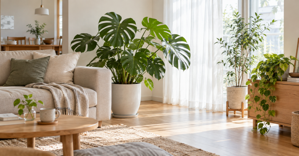 明るいリビングで観葉植物を育てる様子