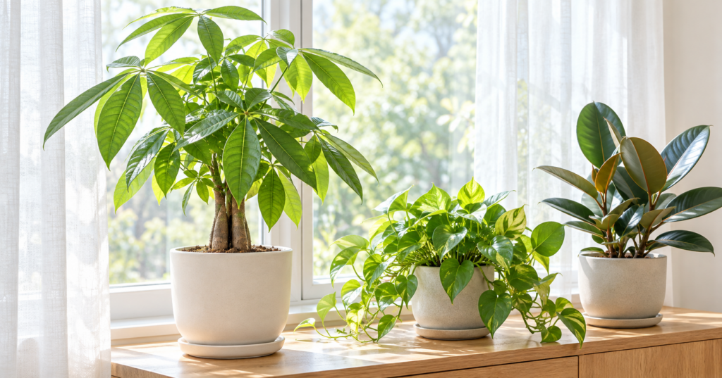 窓辺に並べたパキラやポトスなどの観葉植物