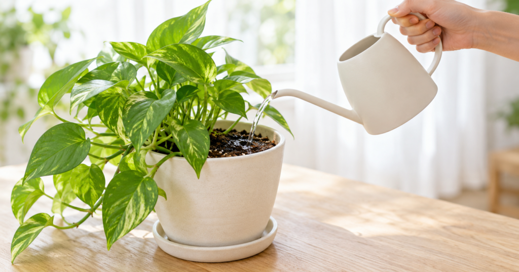 じょうろで観葉植物へ水やりをする様子