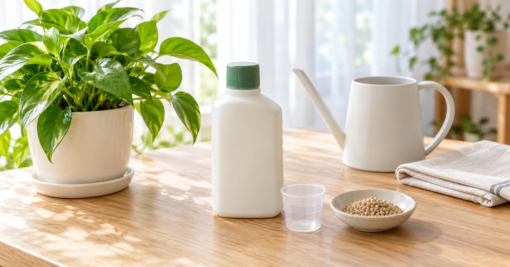 観葉植物の肥料とじょうろを準備した様子