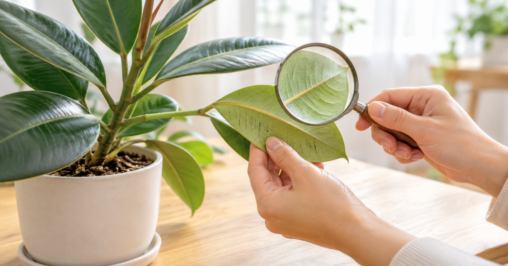虫眼鏡で観葉植物の葉裏を確認する様子