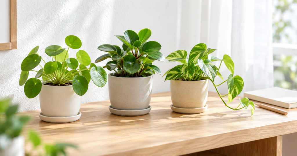 窓辺に並べた小型の観葉植物