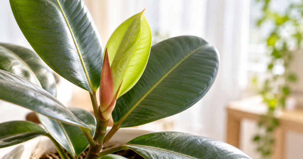 ゴムの木から開く明るい緑色の新芽