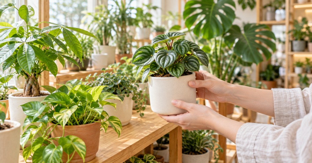 さまざまな観葉植物から小さな鉢を選ぶ様子